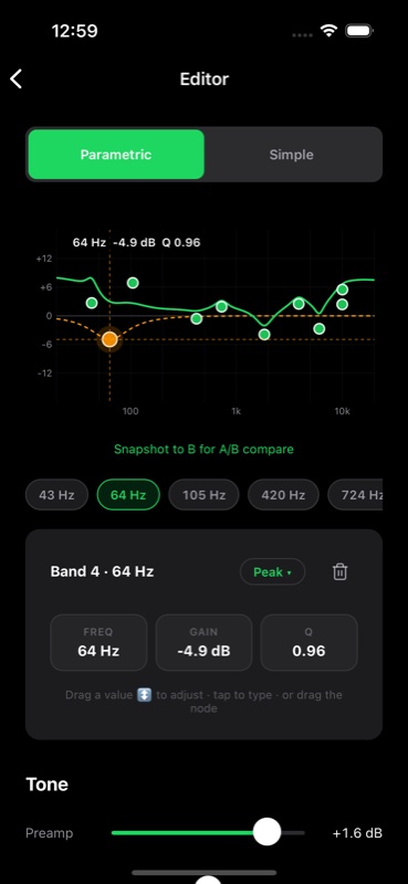 Headroom parametric equalizer editor showing the response curve and band controls
