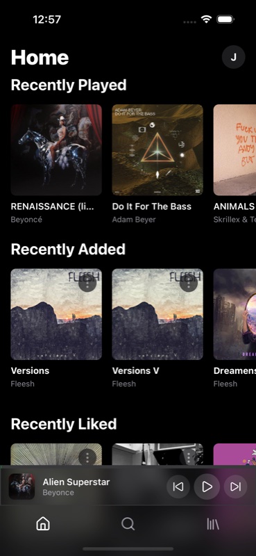 Headroom home screen with recently played, added, and liked albums
